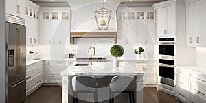 Beautiful white kitchen in new luxury home with large island. Generative AI