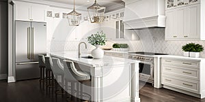 Beautiful white kitchen in new luxury home with large island. Generative AI