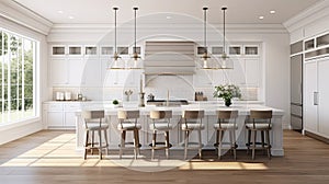 a beautiful white kitchen in a new luxury home, a large island, pendant lights, and wood floors, the composition in a