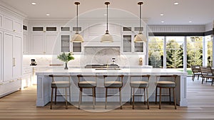 a beautiful white kitchen in a new luxury home, a large island, pendant lights, and wood floors, the composition in a