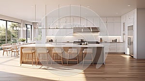 a beautiful white kitchen in a new luxury home, a large island, pendant lights, and wood floors, the composition in a