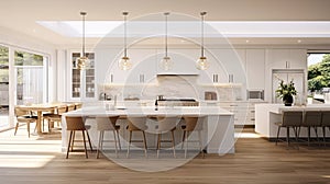 a beautiful white kitchen in a new luxury home, a large island, pendant lights, and wood floors, the composition in a