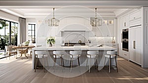 a beautiful white kitchen in a new luxury home, a large island, pendant lights, and wood floors, the composition in a