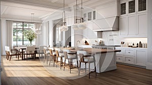 a beautiful white kitchen in a new luxury home, a large island, pendant lights, and wood floors, the composition in a