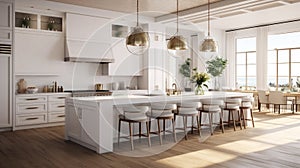 a beautiful white kitchen in a new luxury home, a large island, pendant lights, and wood floors, the composition in a