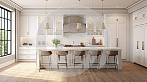 a beautiful white kitchen in a new luxury home, a large island, pendant lights, and wood floors, the composition in a