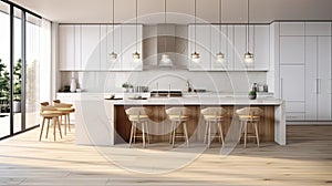 a beautiful white kitchen in a new luxury home, a large island, pendant lights, and wood floors, the composition in a