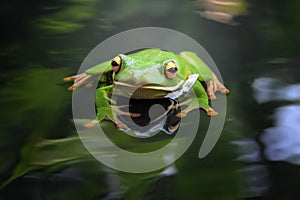 Beautiful white lipped tree frog closeup in reflection