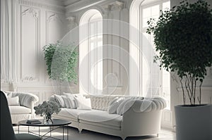 Beautiful white living room in new luxury home with white interior. ai generative.