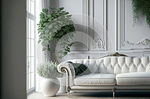 Beautiful white living room in new luxury home with white interior. ai generative.