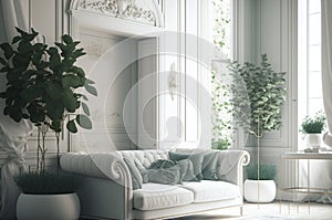 Beautiful white living room in new luxury home with white interior. ai generative.