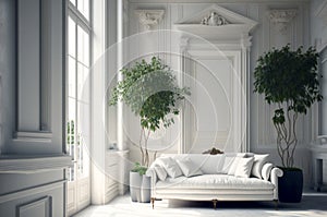 Beautiful white living room in new luxury home with white interior. ai generative.