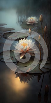 Beautiful white lotus flower in the pond with reflection on water