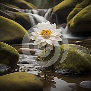Beautiful white lotus flower on a rock in the water. generative ai