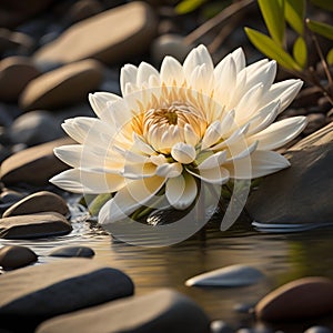 Beautiful white lotus flower in the water with pebbles. generative ai