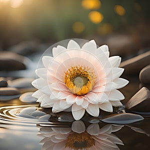 Beautiful white lotus flower in the water with sunlight background. generative ai