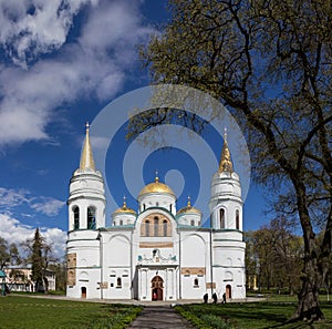 Beautiful white old church with golden domes in Ukraine