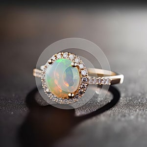 Beautiful white opal ring isolated on a dark background.