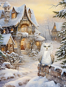 Beautiful white owl in Christmas setting watercolor painting.