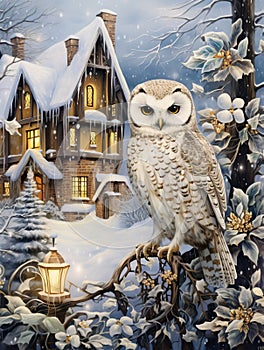 Beautiful white owl in Christmas setting watercolor painting.