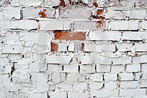 Beautiful white painted brick wall shabby old with cracks in the loft style with seams. Texture, background