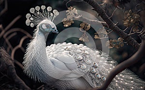 A beautiful white peacock\'s glittering feathers, white peacock perched on branches, generative AI