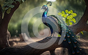 A beautiful white peacock\'s glittering feathers, white peacock perched on branches generative AI