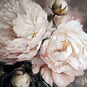 Beautiful white peony flowers as a background, extrime closeup of oil painting, generative ai