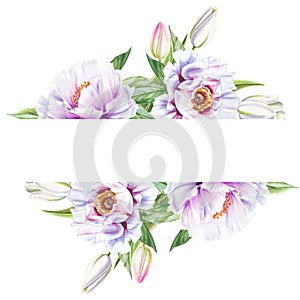 Beautiful white peony and tulip frame. Bouquet of flowers. Floral print. Marker drawing.