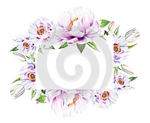 Beautiful white peony and white tulip frame. Bouquet of flowers. Floral print. Marker drawing.