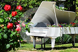 The beautiful white piano is decorated with colorful flowers in the city garden.