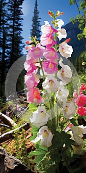 Beautiful White And Pink Flowers In A Mountainous Field