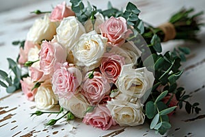 Beautiful white and pink roses bridal bouquet on white wooden table