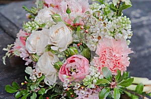 Beautiful white pink wedding bouquet with roses