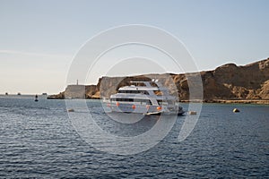 Beautiful white private motor yacht for a boat trip on the Red Sea, Egypt