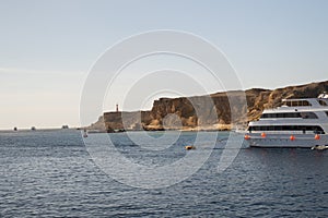 Beautiful white private motor yacht for a boat trip on the Red Sea, Egypt