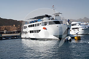 Beautiful white private motor yacht for a boat trip on the Red Sea, Egypt