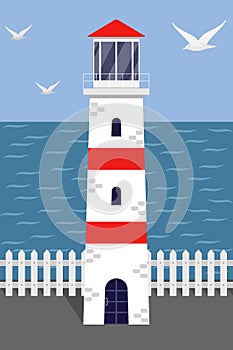 Beautiful white and red lighthouse on the sea shore, seagulls, earth, white fence. Vector illustration in flat style.