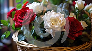 Beautiful White and Red Roses. Mother\'s day concept with a space for a text. Valentine day concept with a copy space.