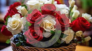 Beautiful White and Red Roses. Mother\'s day concept with a space for a text. Valentine day concept with a copy space.