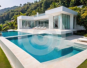 beautiful white residential villa with modern architecture and swimming pool