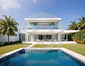 beautiful white residential villa with modern architecture and swimming pool