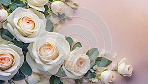 Beautiful white roses flower border on soft background for valentine or wedding card in pastel tone ,copy space for text