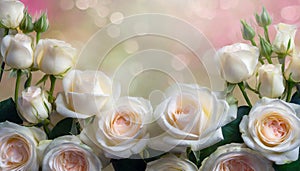 Beautiful white roses flower border on soft background for valentine or wedding card in pastel tone ,copy space for text