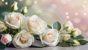 Beautiful white roses flower border on soft background for valentine or wedding card in pastel tone ,copy space for text