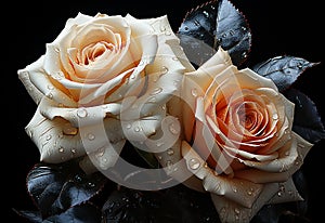 Beautiful white roses with water drops on black background