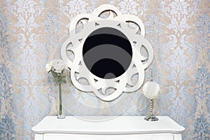 Beautiful white set of bureau and round mirror frame