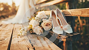 beautiful white shoes on wooden arrow with wedding text sign. Generative Ai