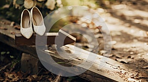 beautiful white shoes on wooden arrow with wedding text sign. Generative Ai