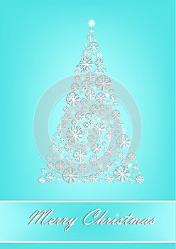 Beautiful white snowflake Christmas tree on the turquoise background, vertical vector